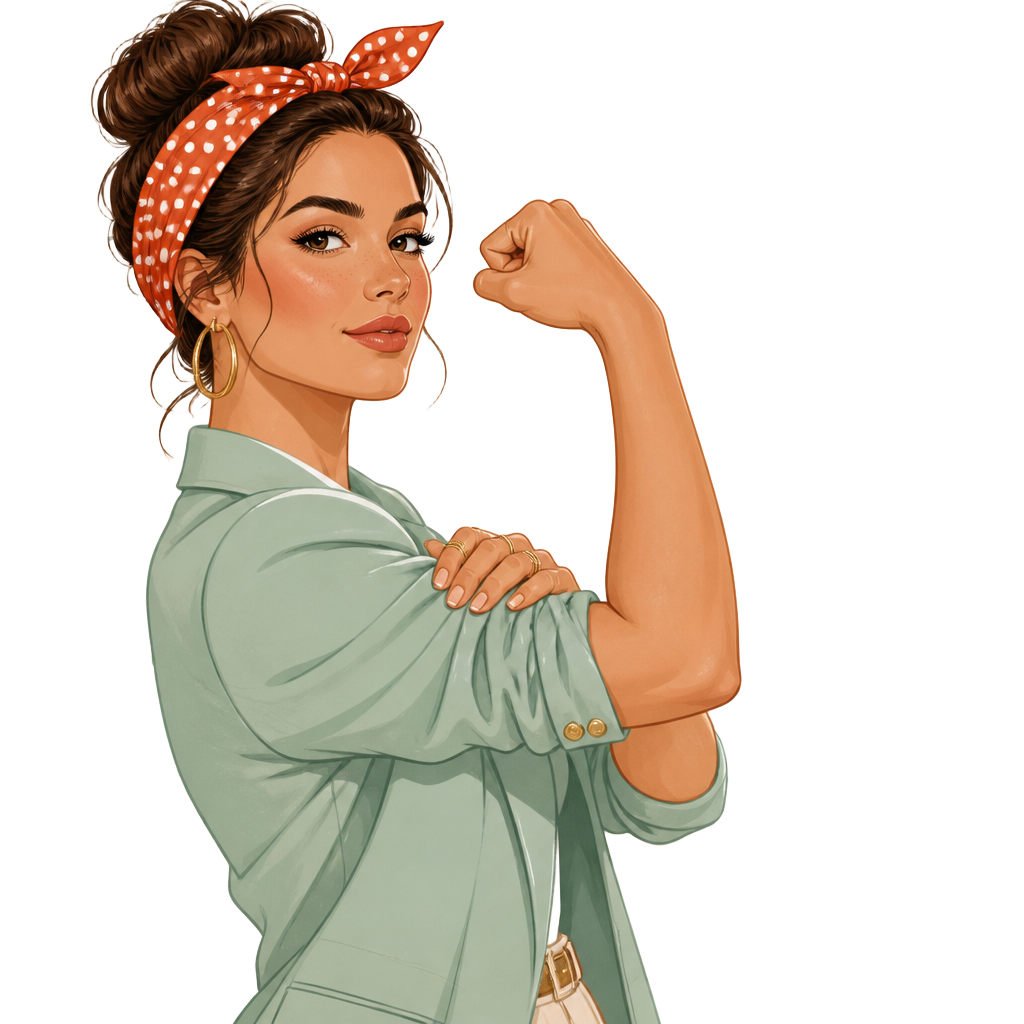 Confident modern businesswoman flexing, reimagined Rosie the Riveter